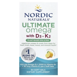 Nordic Naturals, Ultimate Omega®, растительные добавки с витаминами D3 и K2, со вкусом лимона, 60 мягких таблеток