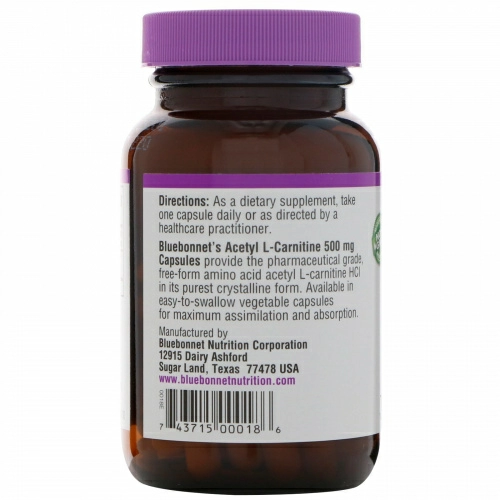 Bluebonnet Nutrition, Ацетил L-карнитин, 500 мг, 60 растительных капсул