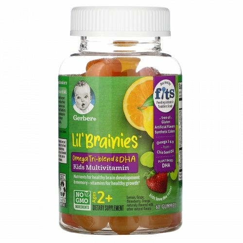Gerber, Lil Brainies, смесь трех омега жирных кислот и ДГК, мультивитаминная добавка, для детей от 2 лет, 60 жевательных конфет