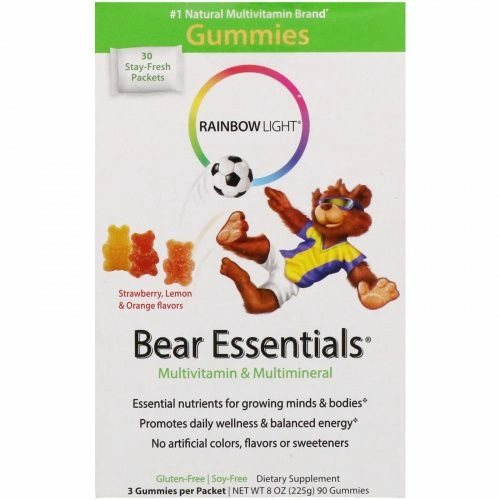 Rainbow Light, Жевательные мишки Essentials, мультивитамины и минералы, со вкусом клубники, апельсина и лимона, 30 пакетиков по 3 конфеты