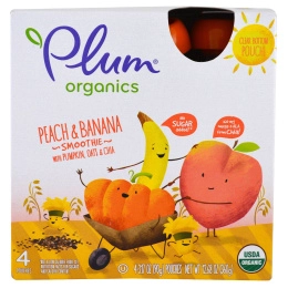 Plum Organics, Смуззи, Персик и банан, Тыква, Овсяные хлопья и чиа, упаковка из 4 штук по 3,17 унции (90 г) в каждой