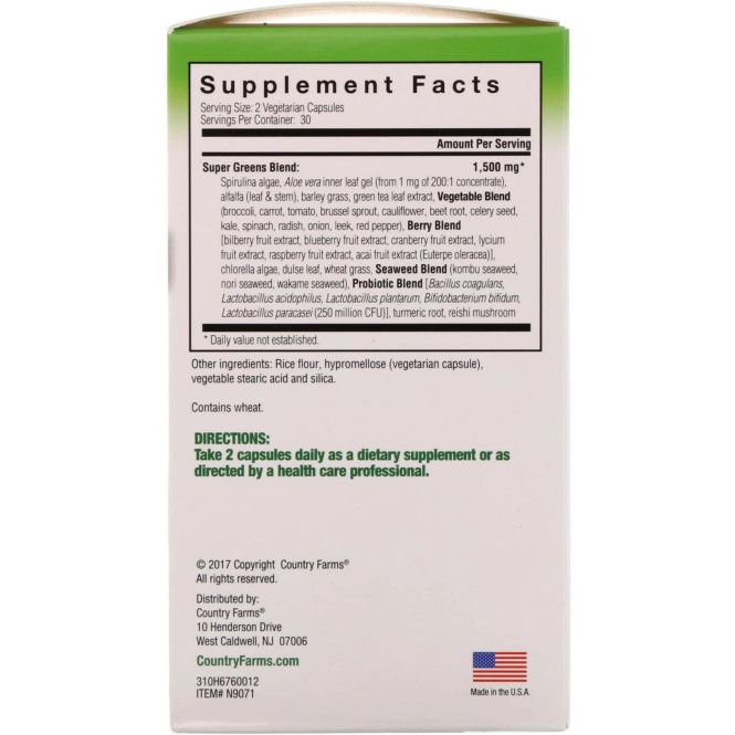 Country Farms, Super Greens, Whole Food Supplement, 60 Vegetable Capsules