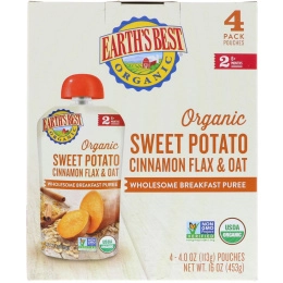 Earth's Best, Organic Sweet Potato, Cinnamon Flax & Oat, Wholesome Breakfast Puree, 6+ Months, 4 Pouches, 4.0 oz (113 g) Each