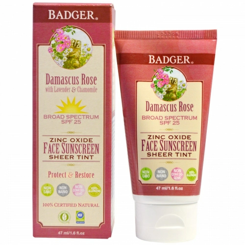 Badger Company, Солнцезащитный крем для лица с оксидом цинка, 25-й солнцезащитный фактор, дамасская роза, 1,6 жидких унций (47 мл)