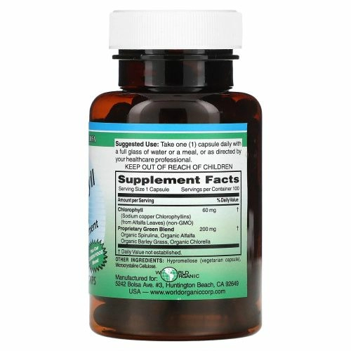 World Organic, Хлорофилл, 60 мг, 100 капсул