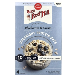 Bob's Red Mill, Overnight Protein Oats, цельнозерновые продукты, голубика и сливки, 4 пакетика по 60 г (2,12 унции)
