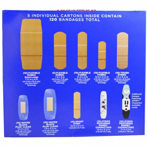 Band Aid, Пластыри, перевязки, экономичная упаковка, 5 пачек, 120 штук