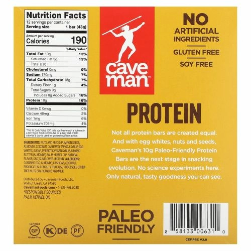 Caveman Foods, Протеиновый батончик Соленое миндальное масло 12 батончиков
