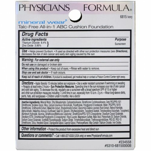 Physicians Formula, Минеральный продукт, основа с подушечкой, широкий спектр SPF 50, слоновая кость, 0,47 ж. унц. (14 мл)