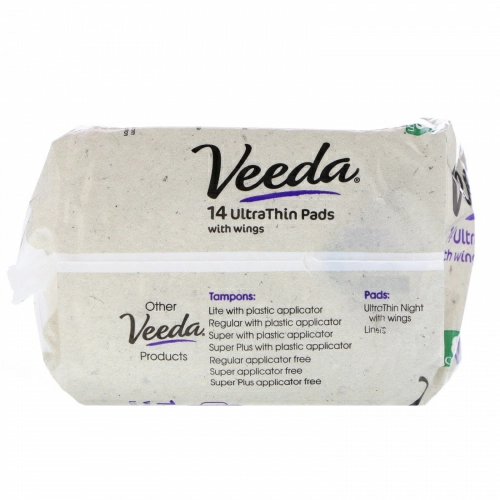 Veeda, Natural Cotton Pads with Wings, Ultra Thin, 14 Pads