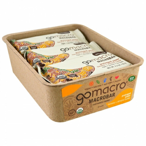 GoMacro, Макробатончик Macrobar, Увеличение силы, Банан + миндальное масло, 12 батончиков по 65 г (2.3 oz)