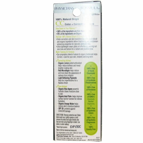 Physicians Formula, Органический CC-крем, корректирующий цвет, светлый/средний, SPF 20, 1,2 жидких унций (35 мл)
