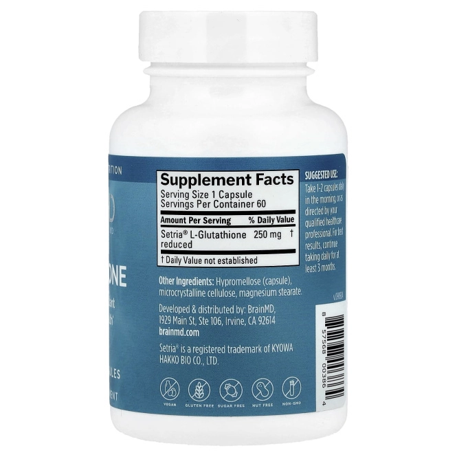BrainMD, Глутатион`` 60 веганских капсул (250 мг на капсулу)