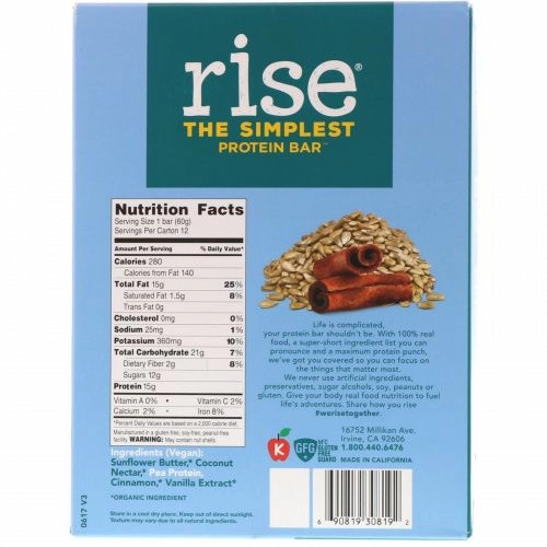 Rise Bar, Простейший протеиновый батончик, подсолнечник и корица, 12 батончиков, 2,1 унц. (60 г) каждый