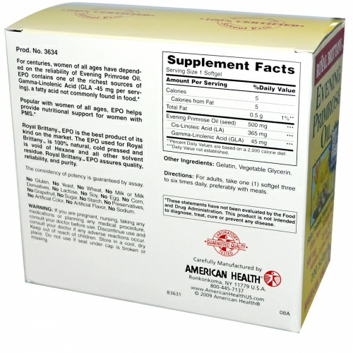 American Health, Масло вечерней примулы Royal Brittany, 500 мг, 2 бутылочки по 200 мягких капсул
