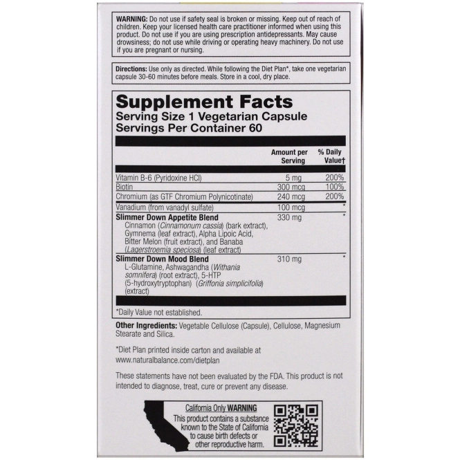 Natural Balance, Slimmer Down, Аппетит и настроение, 60 вегетарианских капсул