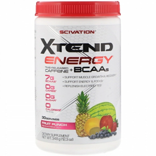 Scivation, Xtend Energy, Кофеин медленного высвобождения + аминокислоты с разветвлённой цепью, Фруктовый пунш, 12,3 унц. (348 г)