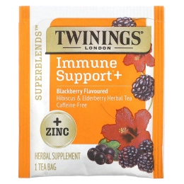 Twinings, Superblends™, поддержка иммунитета, травяной чай с гибискусом и бузиной, ежевика, без кофеина, 16 чайных пакетиков, 32 г (1,12 унции)