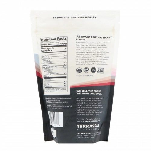 Terrasoul Superfoods, Порошок корня ашвагандхи, индийский женьшень, 16 унций (454 г)