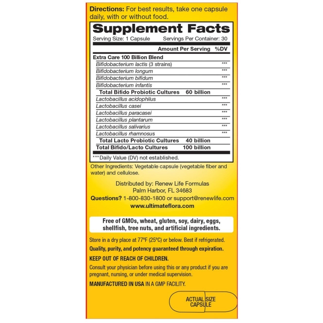 Renew Life, Дополнительная забота, пробиотик Ultimate Flora, 100 млрд живых культур, 30 растительных капсул