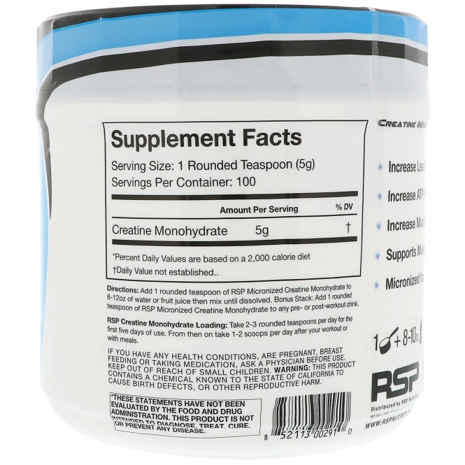 RSP Nutrition, Моногидрат креатина, Креатин в виде тонкоизмельченного порошка, 17,6 унции (500 г)