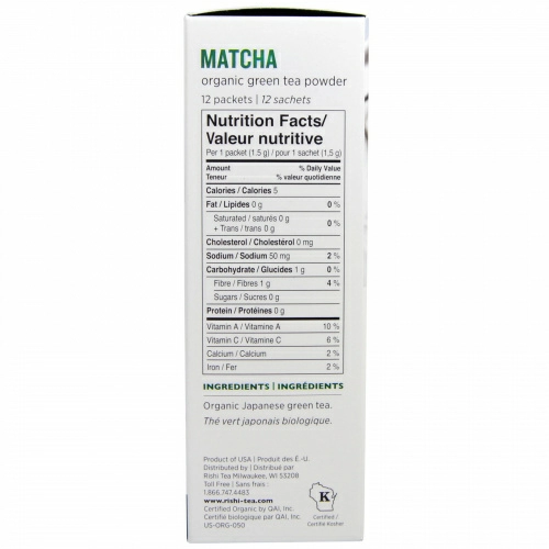 Rishi Tea, Матча, органический порошок зеленого чая, 12 пакетов, 18 г (0,63 унции)