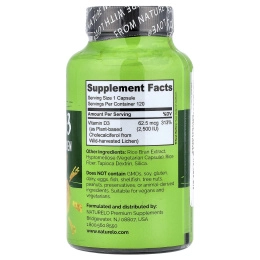 NATURELO, витамин D3, 62,5 мкг (2500 МЕ), 120 капсул, которые легко глотать