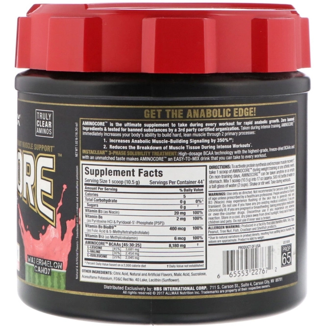ALLMAX Nutrition, AMINOCORE, аминокислоты с разветвленной цепью (BCAA), 8 г аминокислот с разветвленной цепью в каждой порции, в соотношении 45:30:25, 100% отсутствие примесей, без глютена, со вкусом арбузных конфет, 1,02 фунта (462 г)