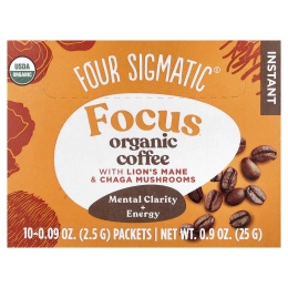 Four Sigmatic, Focus, растворимый органический кофе с ежовиком гребенчатым и грибами чага, средней обжарки, 10 пакетиков по 2,5 г (0,09 унции)