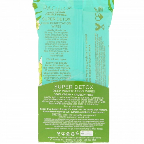Pacifica, Super Detox, салфетки для глубокого очищения, капуста, огурец и гарциния, 30 натуральных влажных салфетки