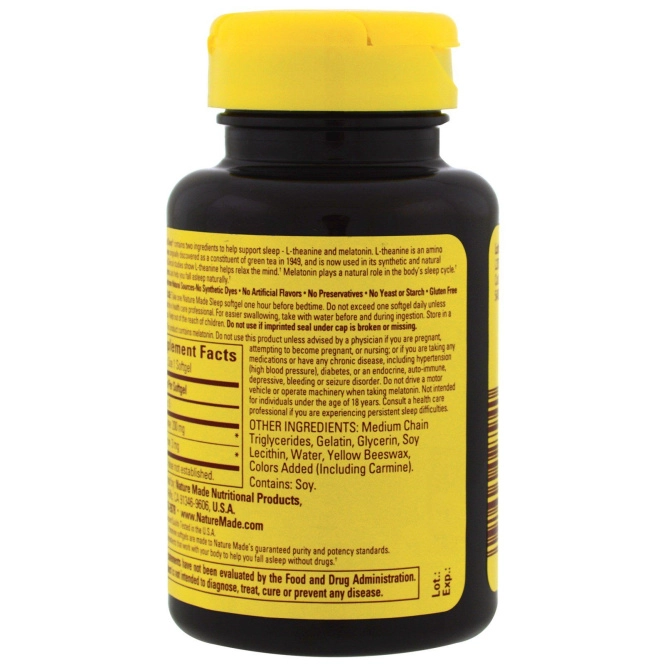 Nature Made, Мелатонин + L-теанин, 200 мг, 60 гелевых капсул с жидкостью внутри