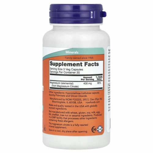 NOW Foods, Цитрат магния, 60 растительных капсул