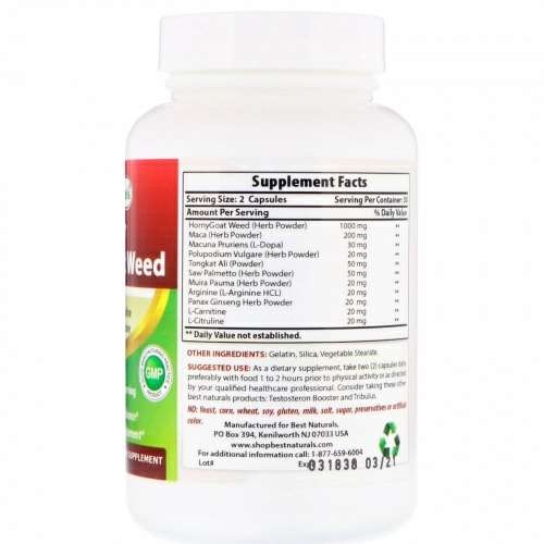 Best Naturals, Super Horny Goat Weed with Maca, 1000 mg, 60 Capsules