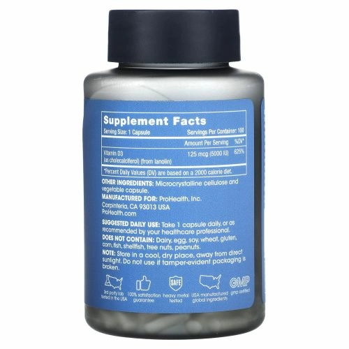 ProHealth Longevity, D3, 125 мкг (5000 МЕ), 100 капсул