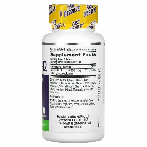 Natrol, витамин B12, быстрорастворимый, максимальная эффективность, с клубничным вкусом, 5000 мкг, 100 таблеток