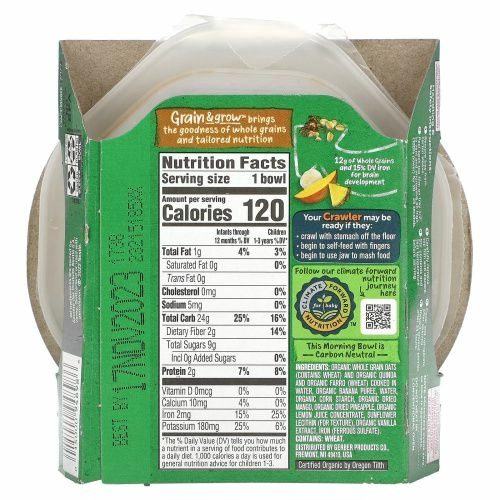 Gerber, Grain & Grow Morning Bowl, органический продукт, для малышей от 10 месяцев, овсянка, красное киноа и полба с тропическими фруктами, 128 г (4,5 унции)