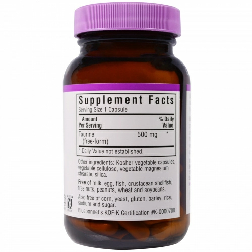 Bluebonnet Nutrition, Таурин, 500 мг, 50 вегетарианских капсул