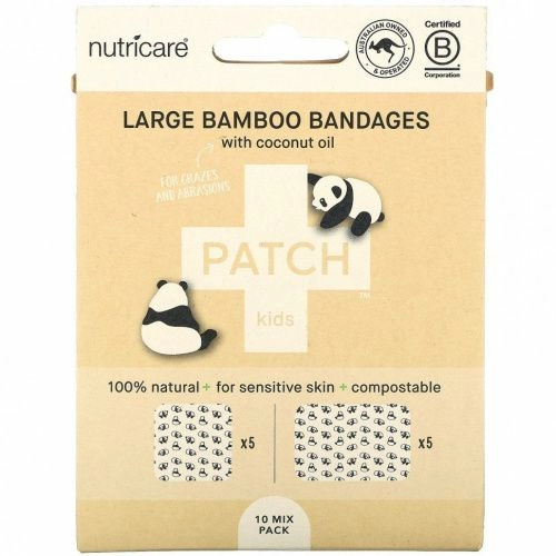Patch, Kids, большие бамбуковые повязки с кокосовым маслом, панда, 10 шт.