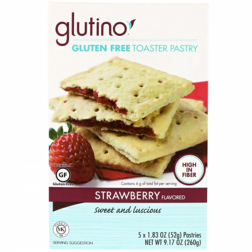 Glutino, Пирожное для тостера без глютена, Клубника, 5 пирожных, 1,83 унц. (52 г) каждый