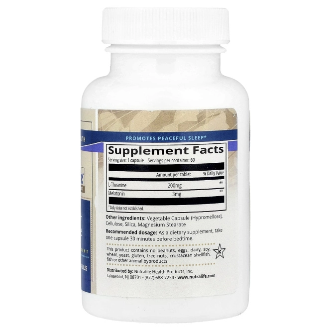NutraLife, мелатонин и L-теанин, 60 вегетарианских капсул