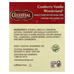 Celestial Seasonings, Holiday Herbal Tea, Cranberry Vanilla Wonderland®, без кофеина, 18 чайных пакетиков, 38 г (1,3 унции)