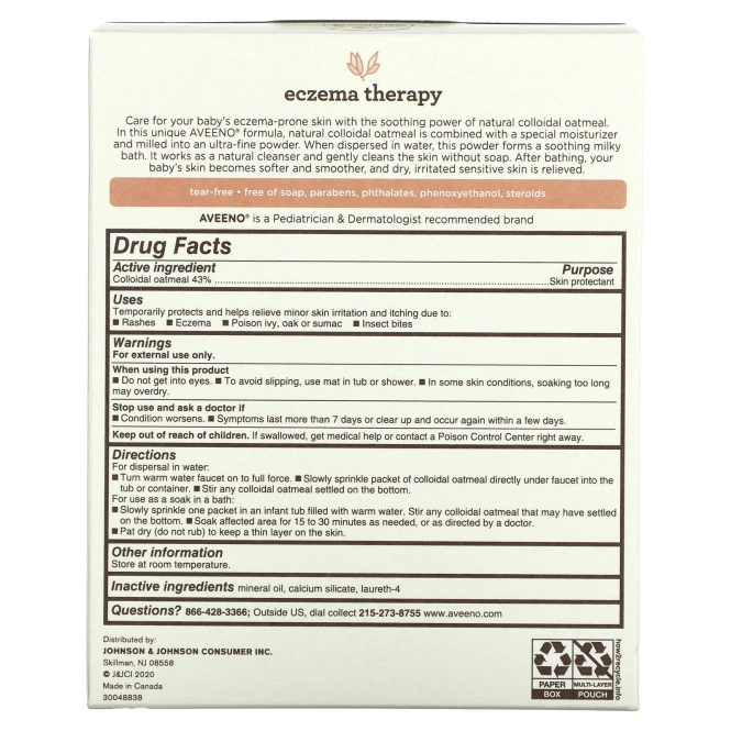 Aveeno, Для детей, лечение экземы, успокаивающая ванна, без запаха, 5 пакетов для ванны, 3.75 унций (106 г)
