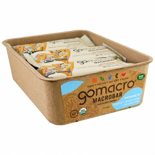 GoMacro, Макробатончик Macrobar, Вечная радость, кокос + миндальное масло + кусочки шоколада, 12 батончиков по 65 г (2.3 oz)