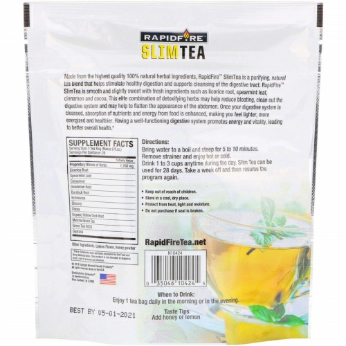 RAPIDFIRE, SlimTea, 28-дневный курс детоксикации на основе чая, Чай Маття, Настоящий лимонный вкус, 28 чайных пакетиков