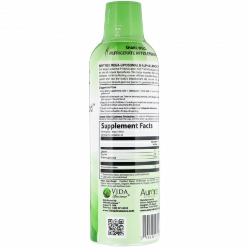 Aurora Nutrascience, Mega-Liposomal R-Alpha Lipoic Acid, Organic Fruit Flavor, 750 mg, 16 fl oz (480 ml)