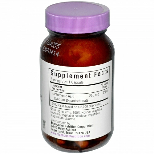 Bluebonnet Nutrition, Пантотеновая кислота, 250 мг, 60 растительных капсул
