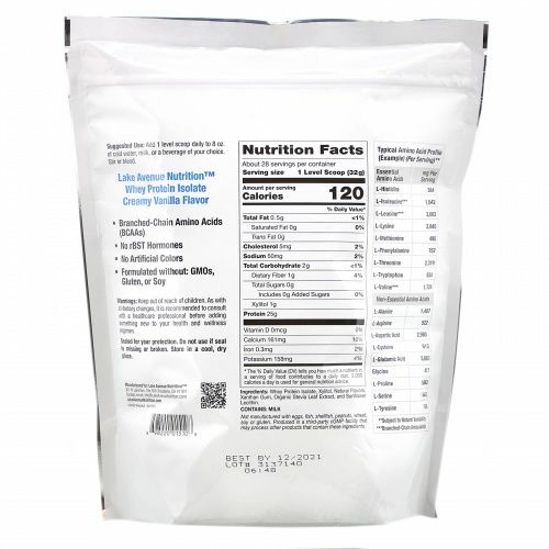Lake Avenue Nutrition, Изолят сывороточного протеина, кремовая ваниль, 907 г (2 фунта)