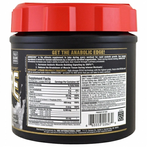 ALLMAX Nutrition, AMINOCORE, BCAA, 8G BCAAs, 100% Pure 45:30:25 Ratio, Gluten Free, White Grape, 1.02 lbs (462 g)