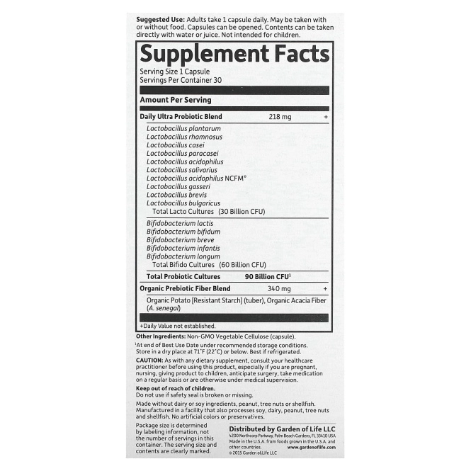 Garden of Life, Dr. Formulated Probiotics, пробиотики, для приема один раз в день, 90 млрд бактерий, 30 вегетарианских капсул