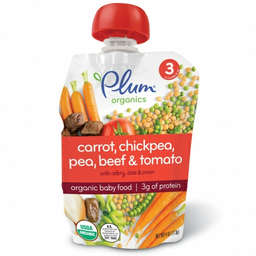 Plum Organics, Органическая детская еда, этап 3, морковь, нут, горох, говядина и помидоры, 4 унции (113 г)